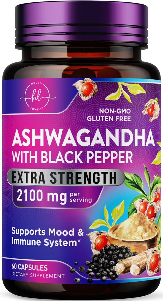 Ashwagandha 2.100 mg - Ashwagandha Suplemen Perempuan di Veggie Capsules with Powder & Root Extract, Black Pepper for High Absorpsi, Plant Based, Non-GMO, Bottoms in the USA - 60 Vevgie Capsules