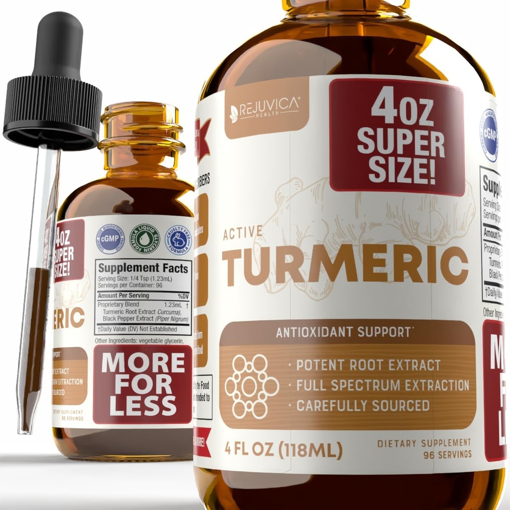 Rejuvisa Health Active Turmeric 4oz XL Super Size - Advanced Liquid Suplemen Tincture - Curcuma Longa Extract Drops - Turmeric Roots Saja - Biasanya Occurring Curcumin