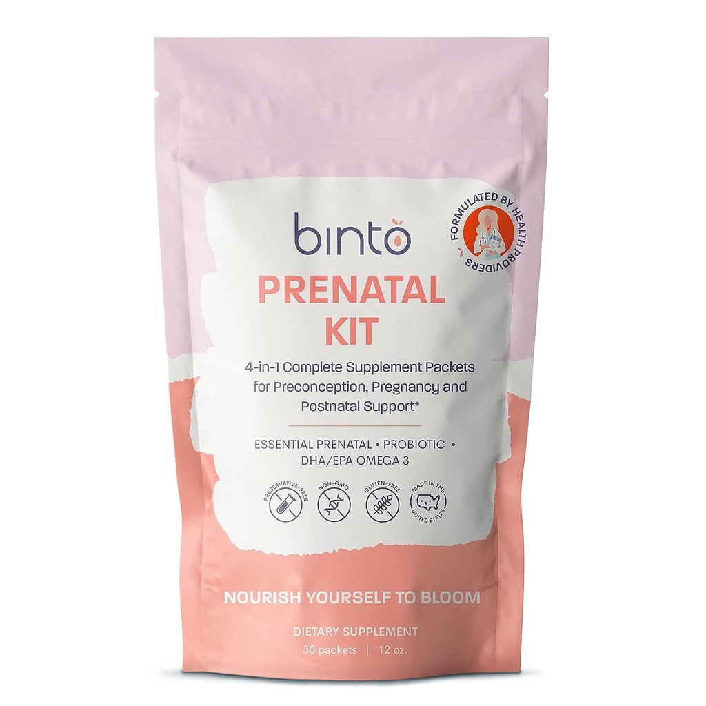 Binto Prenatal Kit - 4-in- 1 Suplemen untuk Ibu & Bayi - 30 Hari Supply - Multivitamin, Progitive, Besi, DHA, Methylated Folate & Folic Acid - Non-GMO, Gluten- Free, Vegetarian