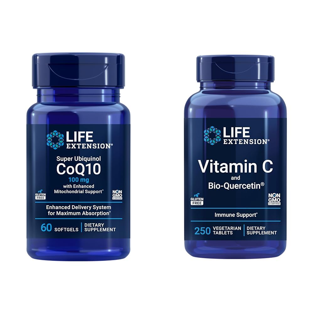 Ekstensi Hidup Super Ubiquinol CoQ10 60 Softgels dan Vitamin C & Bio-Quercetin Phyttoome 250 Tablets Bundle for Heart, Cellular Energy, Ammune & Overall Health Support
