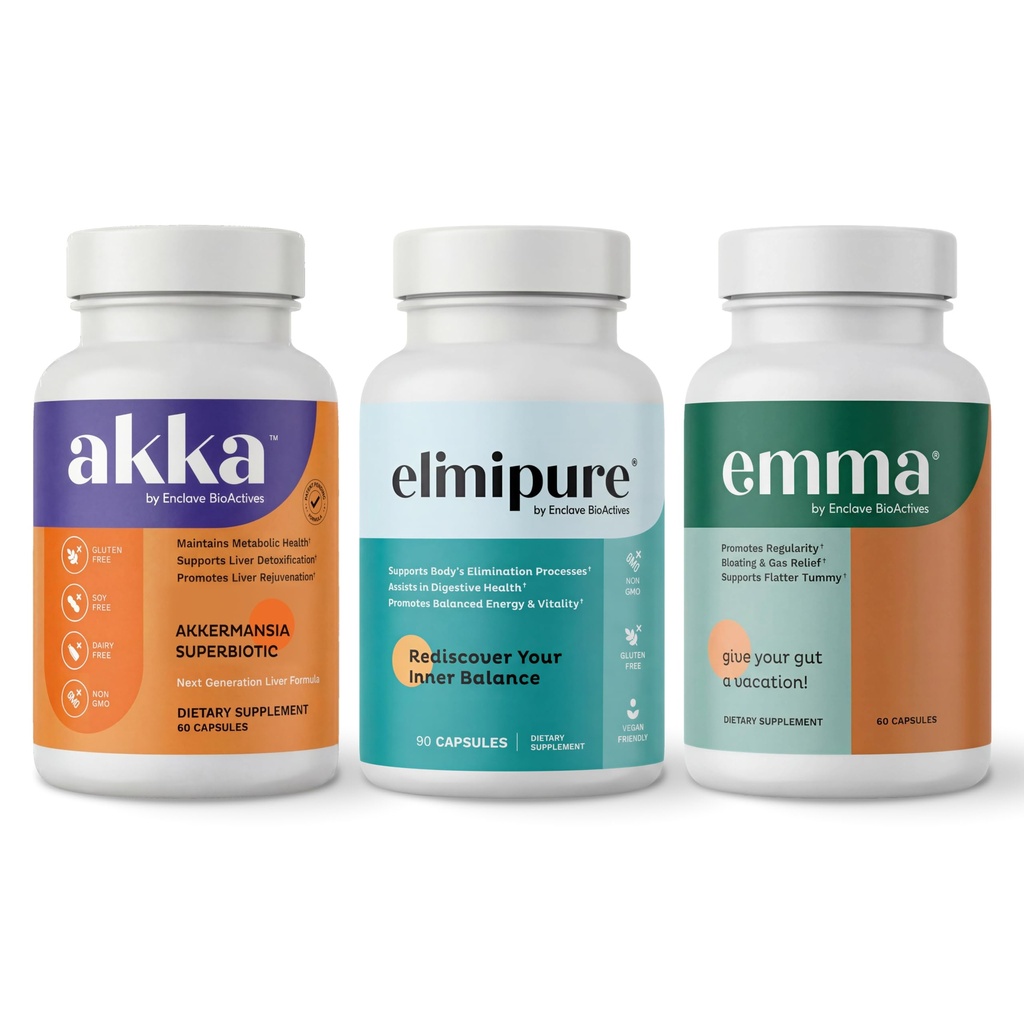 Emma Gut Health & Elimipure Gut Cleanse & Akka Liver Cleanse - 3-in- 1 Detox Bundle untuk keseimbangan Digetical, Regularitas & Metabolisme Dukung 124; Pendukung Pelepasan Limbah & Mikrobiome Kesehatan