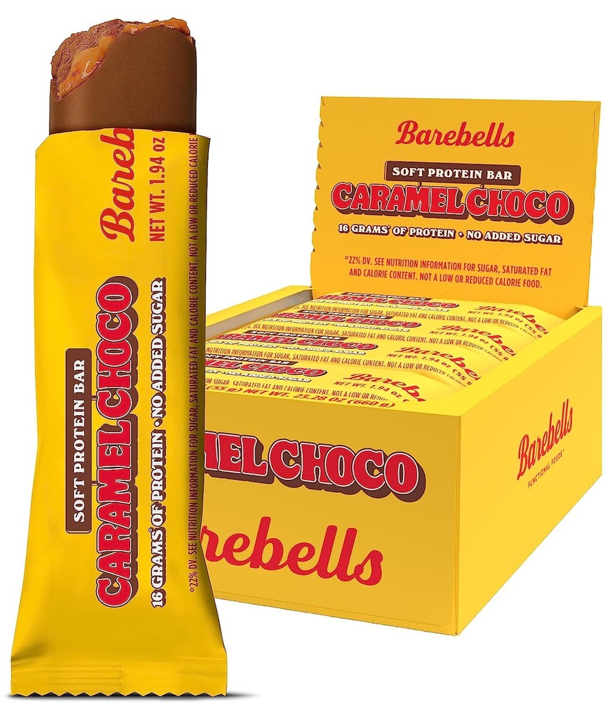 Barebells Soft Protein Bars Caramel Choco - 12 Count, 1.9oz Bars - Protein Snack dengan 16g Protein Tinggi - Fluffy Chocolate Bar dengan 2g dari Total Sugars - Soft Protein Snack & Breakfast Bars
