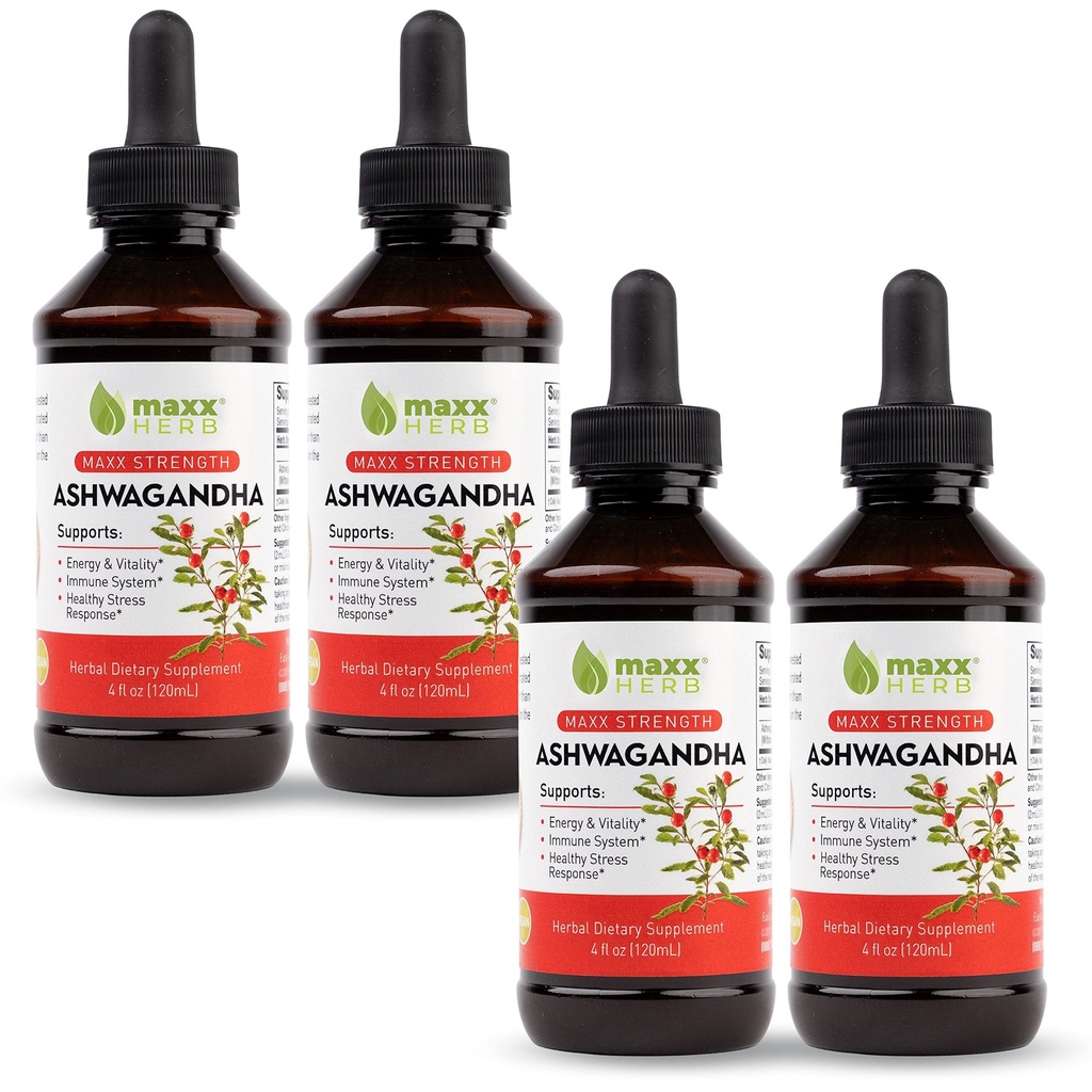Maxx Herb Ashwagandha Extract - Max Power Liquid Taincture Absorbs Lebih Baik dari Kapsul atau Powder - untuk Stamina, Memori, dan Dukungan Imune - 4 Botol, 4 Oz Masing-masing (240 Servings)