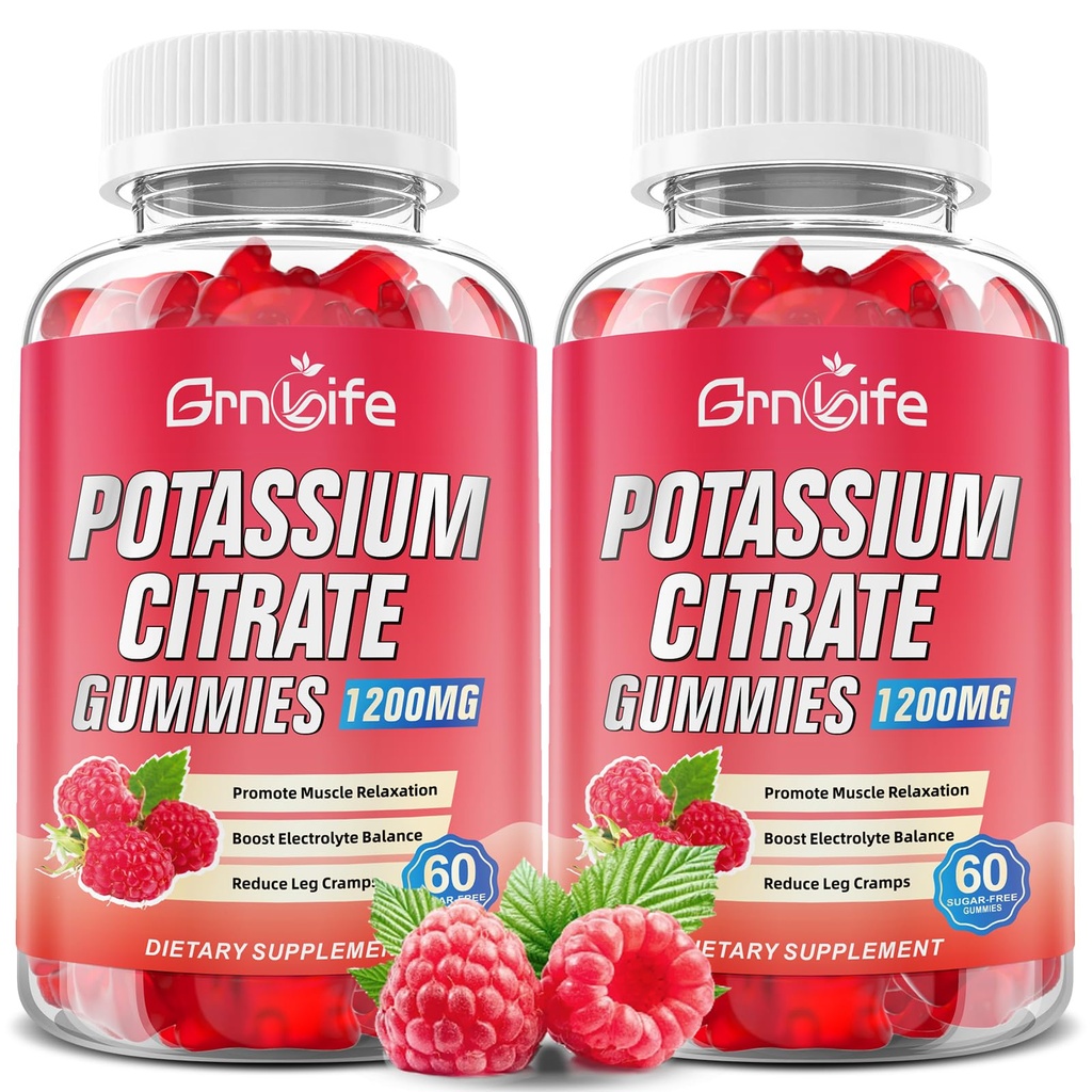2 Kemas Potel Citrate Gummies, Tambahan Potasium Tinggi Gummies 1200mg Dukung Kram Kaki & Otot Kesehatan, Potomies Untuk Dewasa & Anak-Anak, Vegan, Raspberry Flavor 120 Count