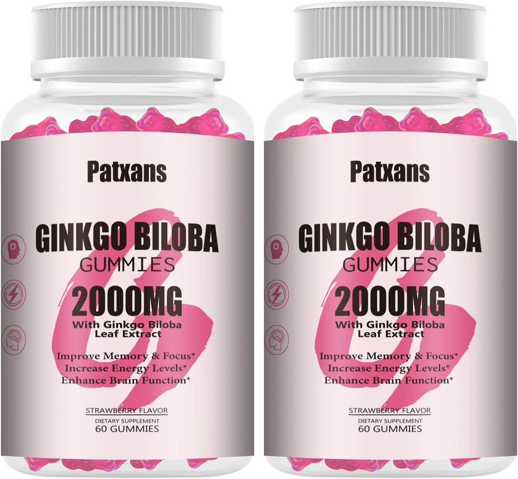 2 Paket 2000mg Ginkgo Biloba Gummies - Ginkgo Bilosa Suplemen Kesehatan Otak, Meningkatkan Mood dan Fokus, Energi, Dewasa, Strawberry Flavor, 120 Count