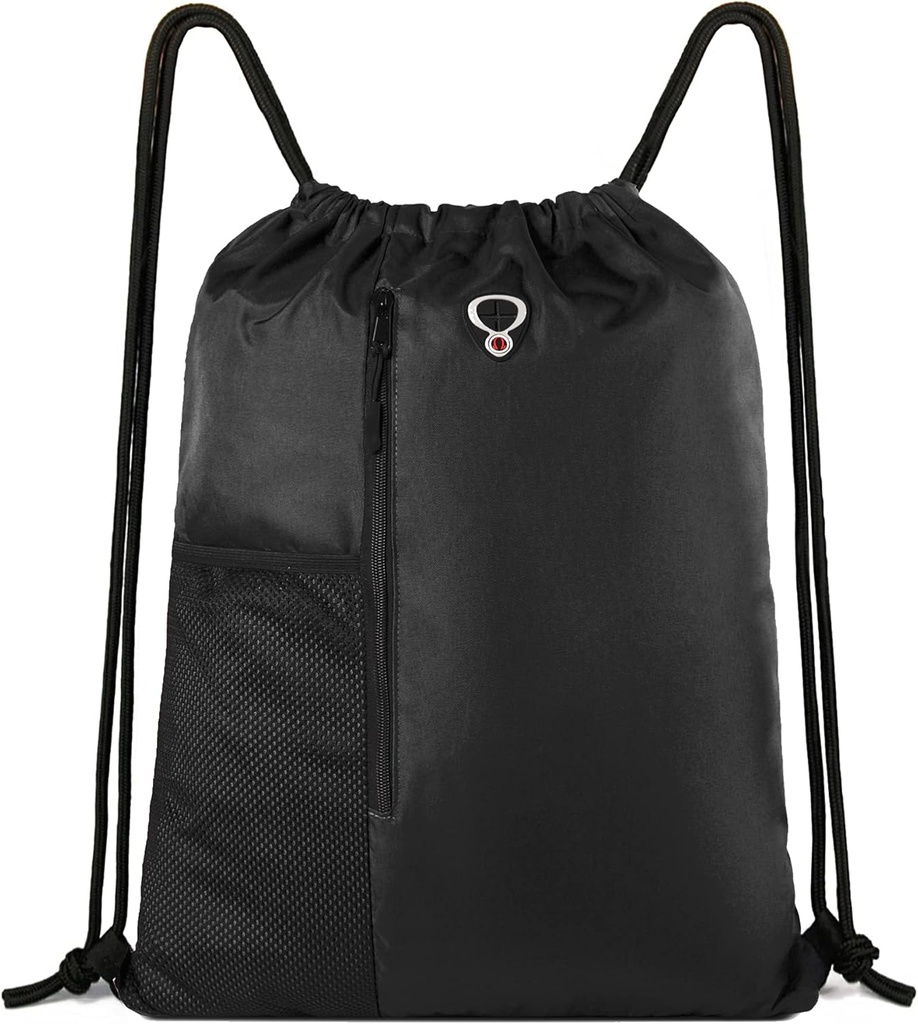 BeeGreen Black Drawstring Backpack Gym Bags For Men Women String Sports Backpack with Water Bottle Mesh Pocket And 2 Zippered Pocket Large Crackpack Workout "X 20"