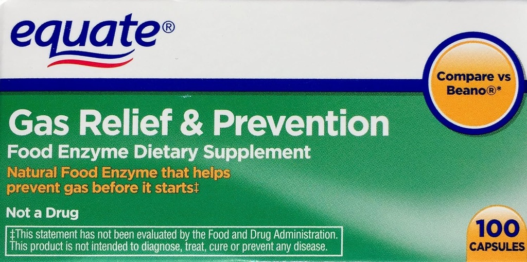 Equate Gas Relief & Prevention Food Enzyme Dietary Suplement, 100ct, Compare to Beano
