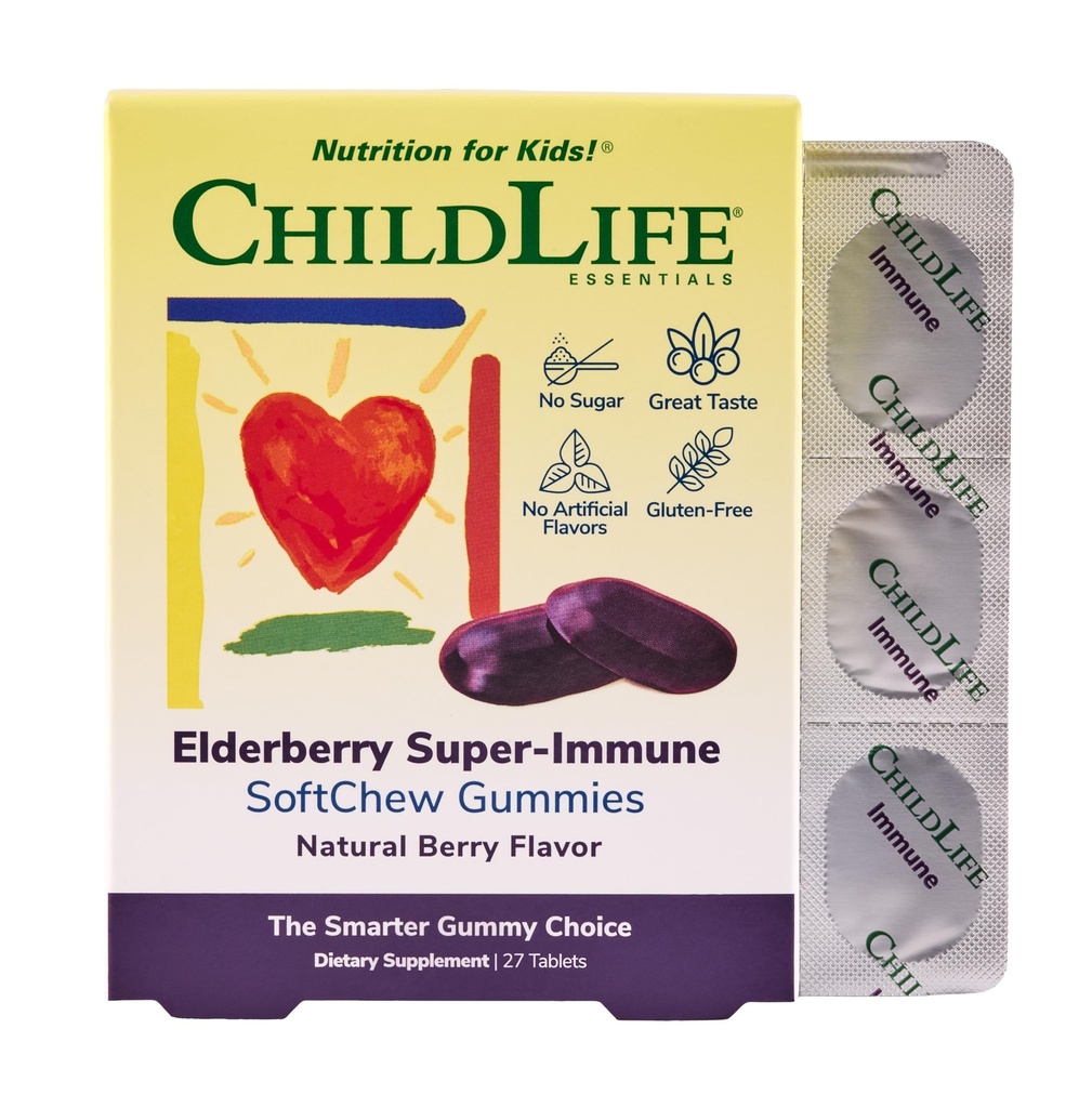 ChildLife ESSENTIALS Elderberry Super- Imune SoftChees for Children - Imune Dukung dengan Vitamin C & Vitamin D3, Elderberry Immune Suplemen untuk Bayi, Toddlers & Children - Berry, 27 Softchews