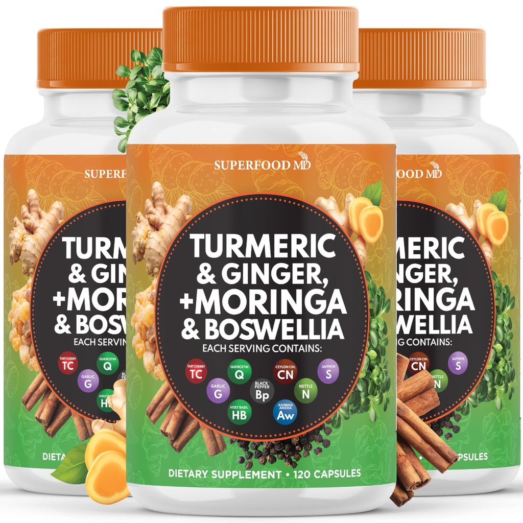 Turmeric Moringa 500mg Tambahan: 124; Ginger Boswellia 3000mg Saffron 2000mg Basil- Gabungan Dukungan untuk Perempuan dan Pria dengan Cinnamon Ceylon, Quercetin, Tart Cherry- 360 Count