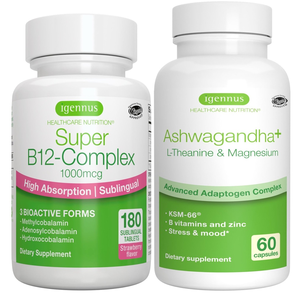 Super B12-Kompleks 1000mcg + Adptogen Action Adaptogen Complex, L-Theanine & Magnesium Bundle, Abligation Sublinual Vitamin B12 + Multi Action Adaptogen, oleh Igennus