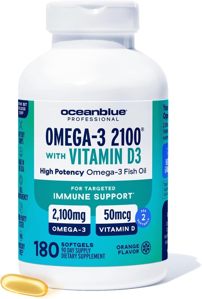 Minyak Ikan Profesional Oceanblue dengan Vitamin D3 124; Triple Kekuatan 2100mg Omega 3 DPA DHA 124; Wild Caught 126; Burpless Orange Flavor, 90 Count
