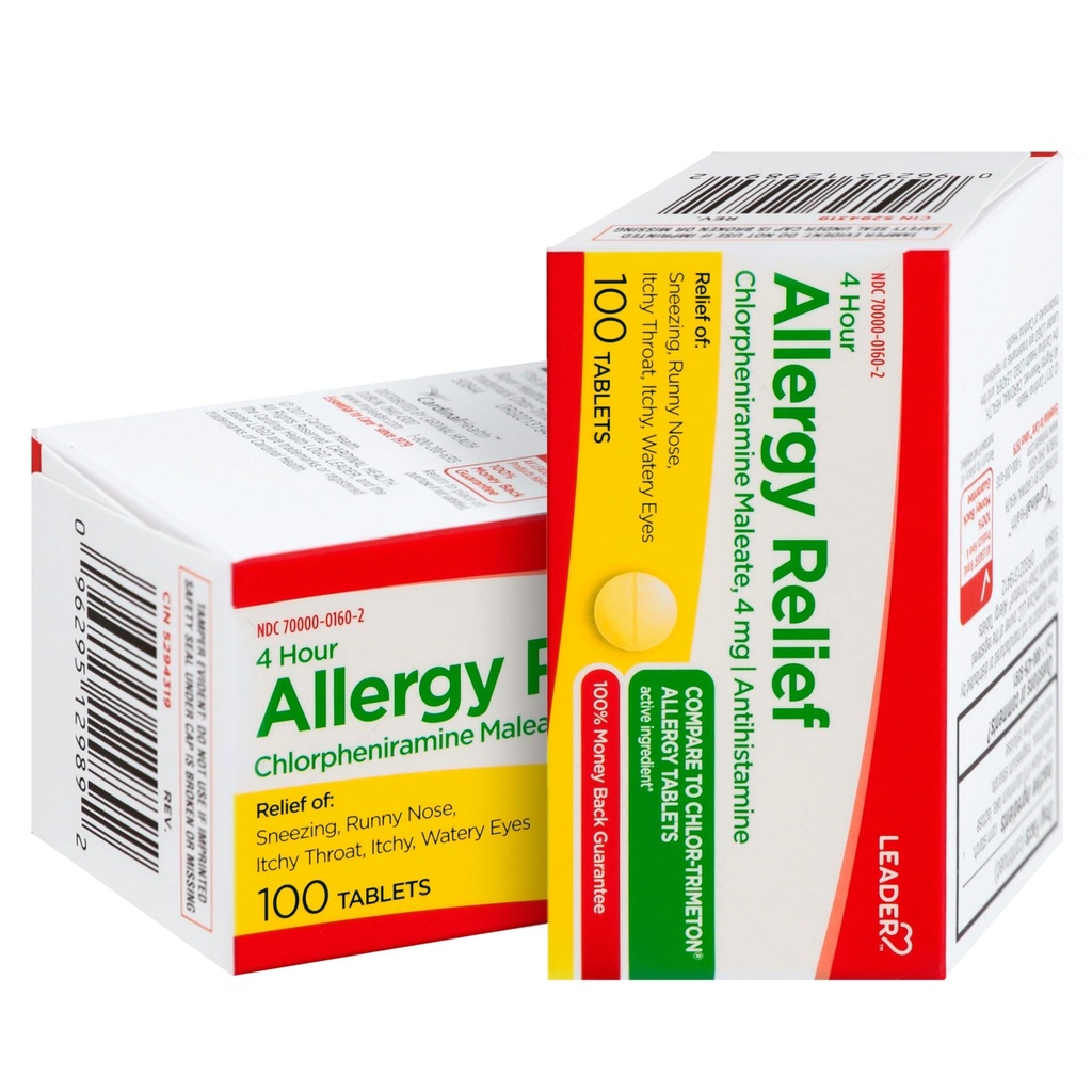Leader 4 Hour Allergy Relief, Chlorpheniramine Maleate Tablet, Antihistamin, 4 mg, 100 Count, Paket 2
