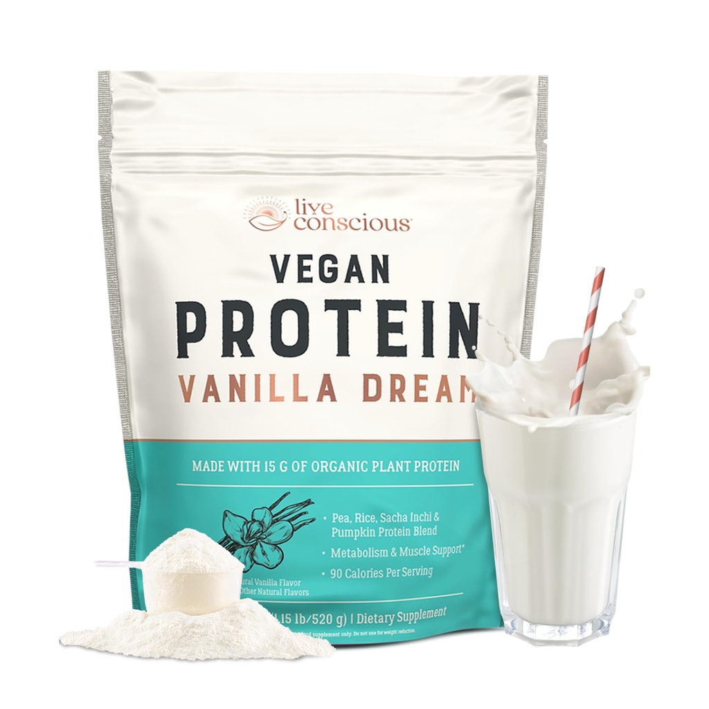 Live Conscious Vegan Protein Powder Pea Pea - Vanilla Dream Flavor 124; Tanaman Berbasis Vegan Protein Blast - Pea, Brown Rice, Labu, Sacha Inchi