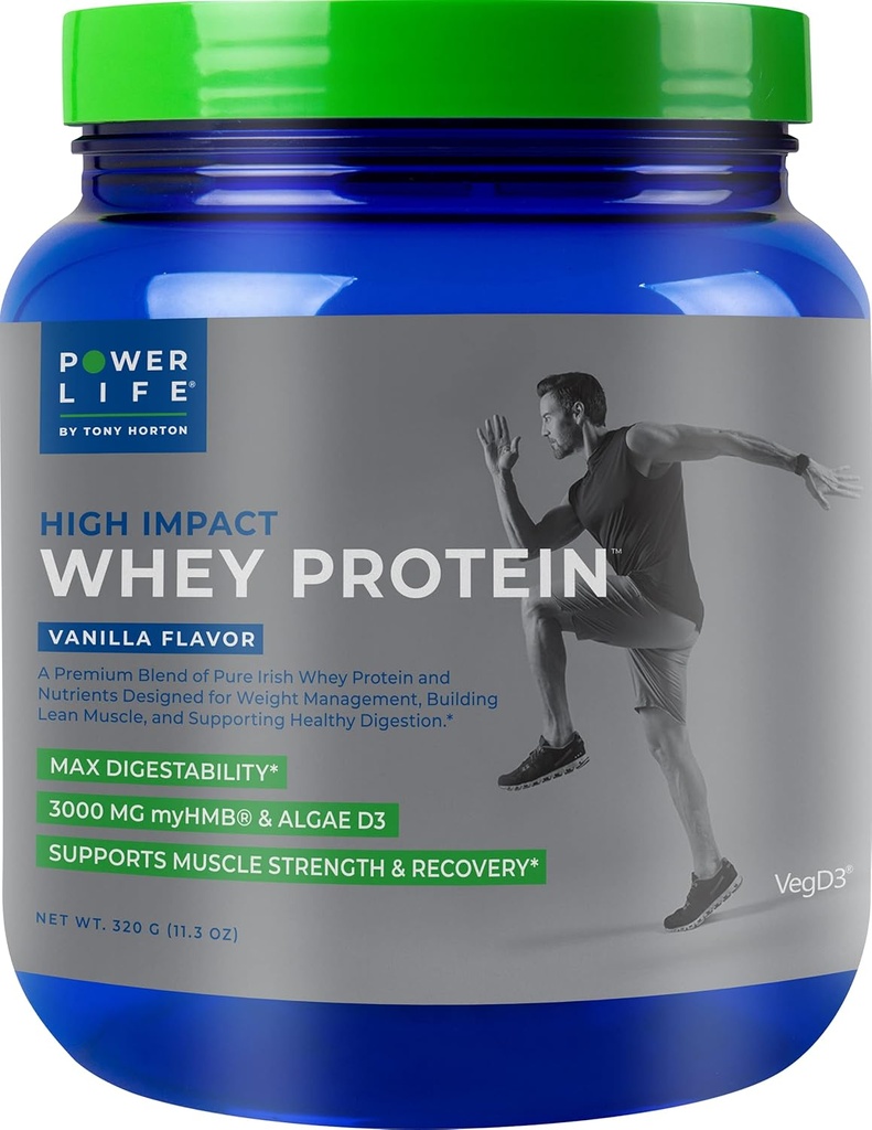 POWERLIFE Tony Horton High Impact Fed Whey Protein dengan 3000 MG of HMB, No Sugar Added, Non-GMO, Hormone and Antibiotic Free, 15 Pelayan (Vanilla)
