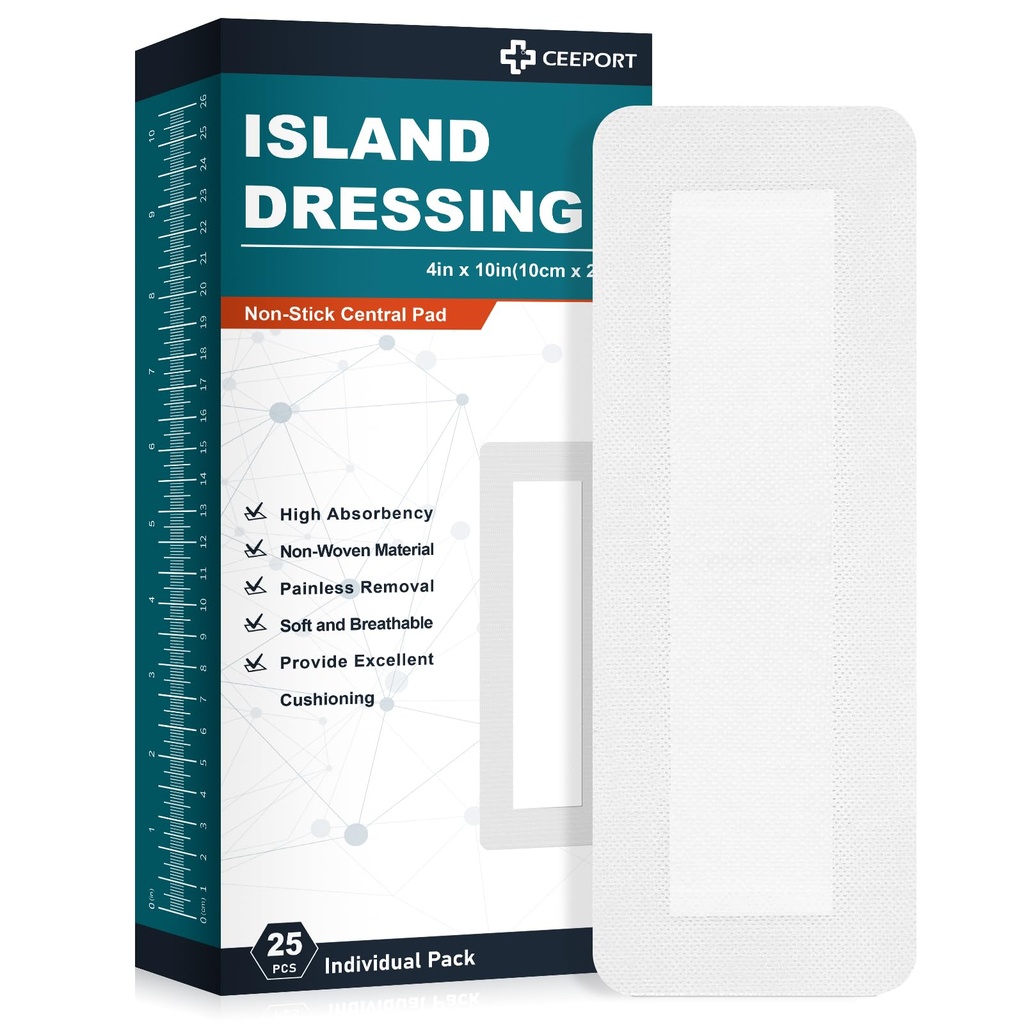 Island Dressing Bressed Gauze 4 "x10", 25 Individually Packed Non-Stick Pad in Center with Adhesive Border, Soft & Hy Absorbend Medical Grade Gausing Gauze Pad for Wound Care and First Aid