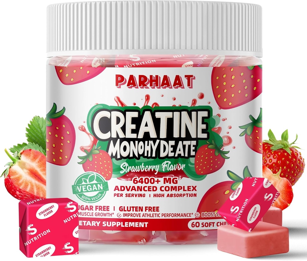 Cretine Monohydrate Chews Complex 6400mg for Men & Women -Advanced Formula W / L-Taurine + Vitamin B12, Sugar Free Chewable Suftchews, 60 Strawberry Softchews