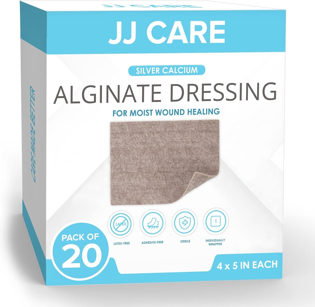 JJ CARE Silver Calcium Alginate Wound Dressing (Pack of 20) 4x5, Silver Alginate Wound Dressing Individually Packed, Alsorbend Non- Adherent Bandages for Wound Card