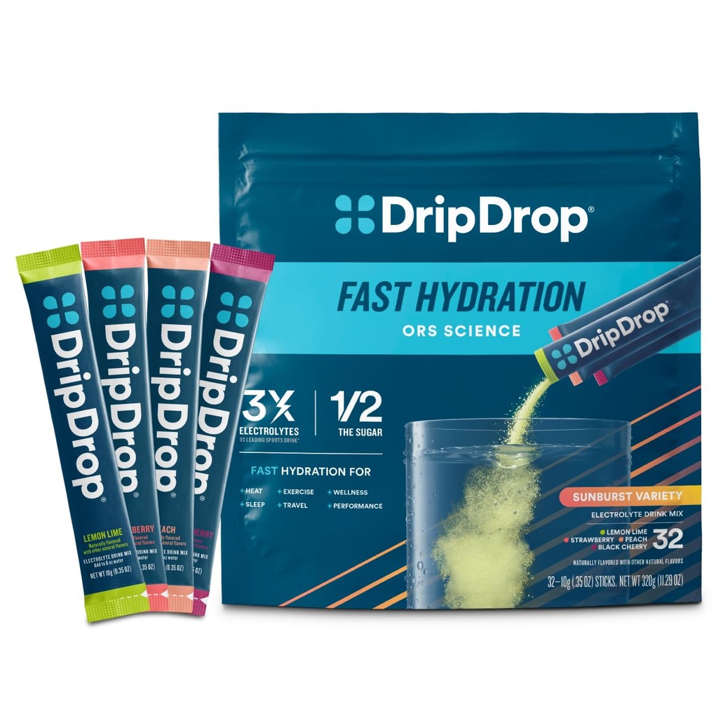 Paket Hidration DripDrop - Sunburst Variety Pack - Single Serve Electrolytes Powder Minum Mix - Lime Lemon, Strawberry, Peach, Black Cherry - None-GMO, Gluten Free, Vegan - 32 Tongkat