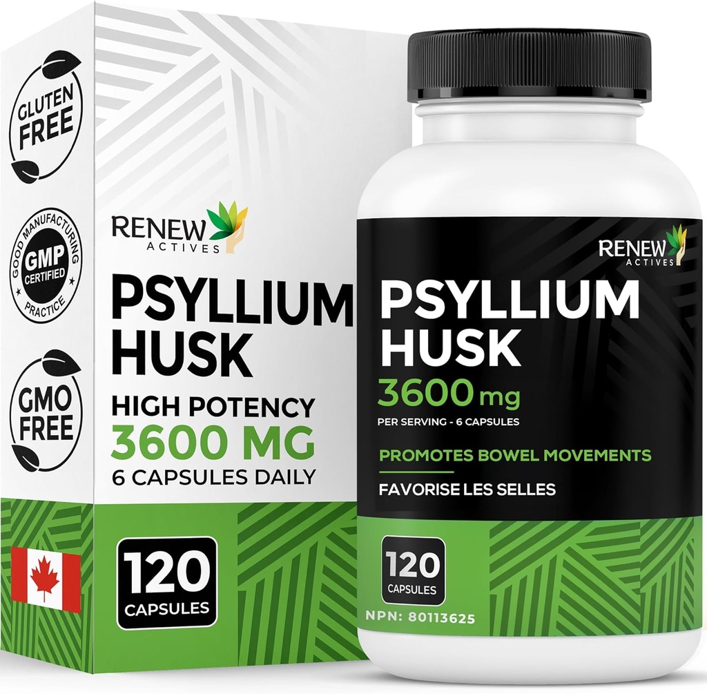 Renew Actives Psyllium Husk 1200MG per 2 Kapsul - Bulk- Forming Laxative & Soluble Fiber for Digetical Health, Regularity & Adult Wellness - Murni Ingreations - Dibuat di Kanada - 120 Capsules