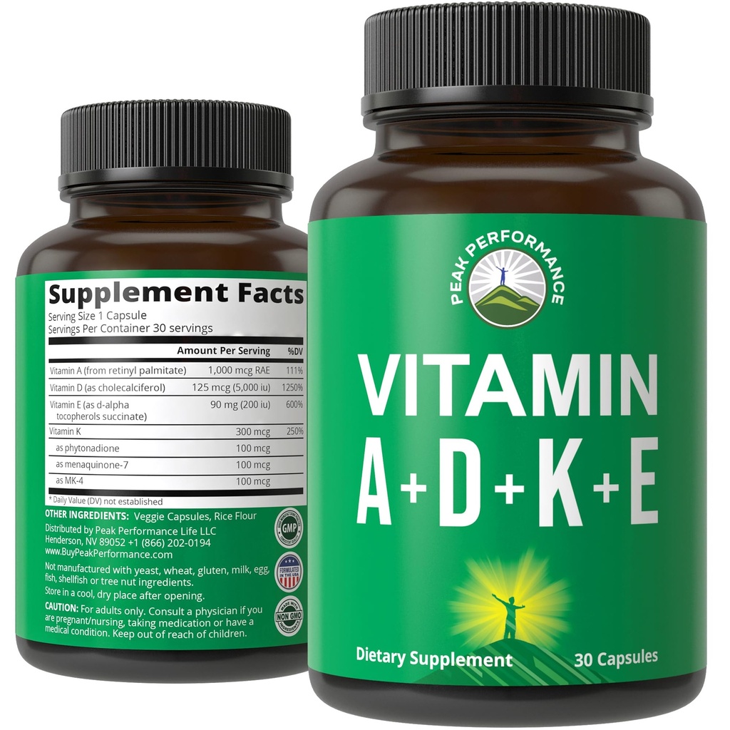 Peak Performance Vitamin D 5.000 iu + A + K + E All in 1 Easy to Swallow Vegan Capsule. ADK Vitamin Suplemen dengan E D3 K2.