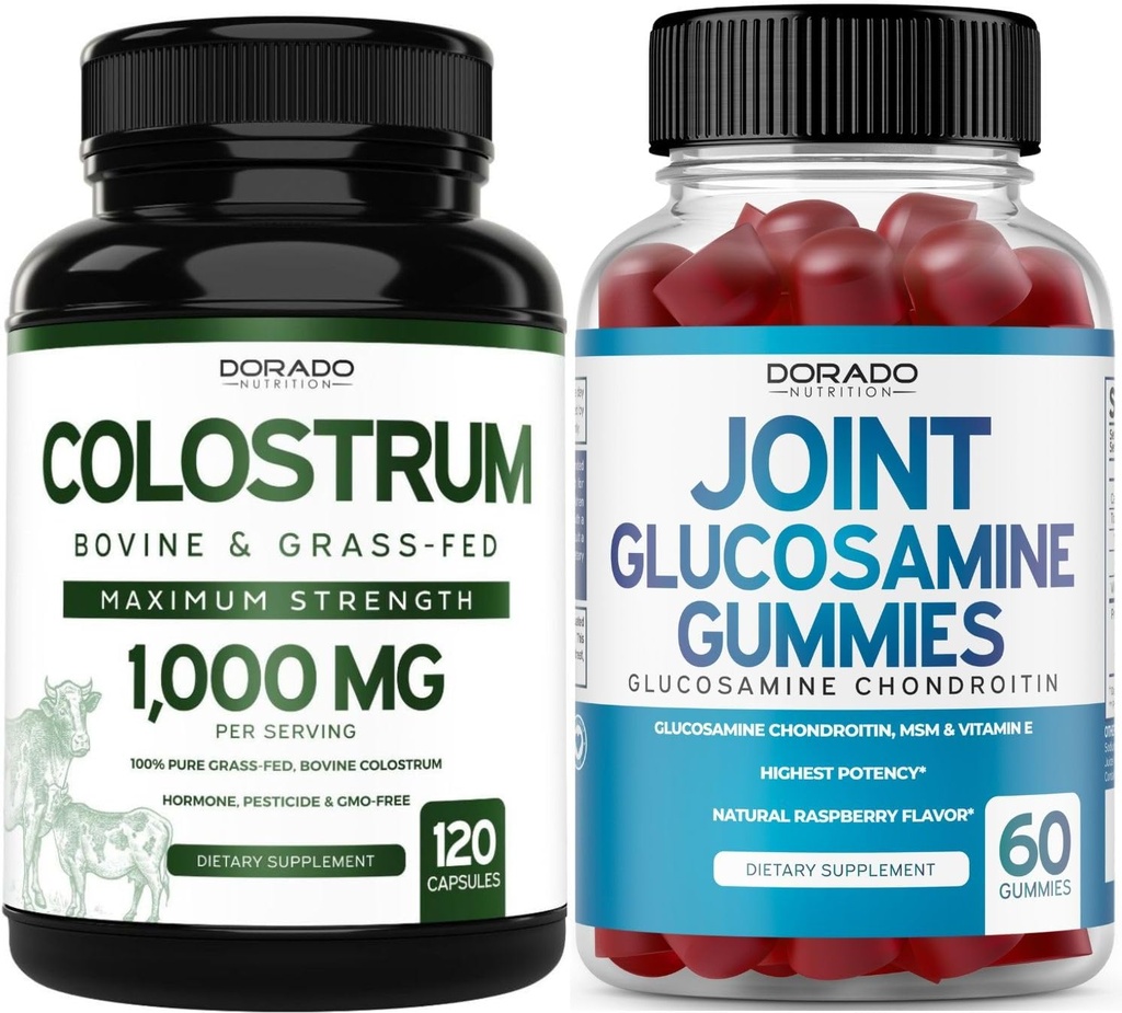 Colostrum (120 Count) Bovine Colostrum Capsules for Dewasa dan Glucosamin Chondroitin (60 Gummid) Persediaan Gabungan untuk Pria & Perempuan dengan Flavor Raspberry Lezat - Vegan Safe & Dibuat di USA