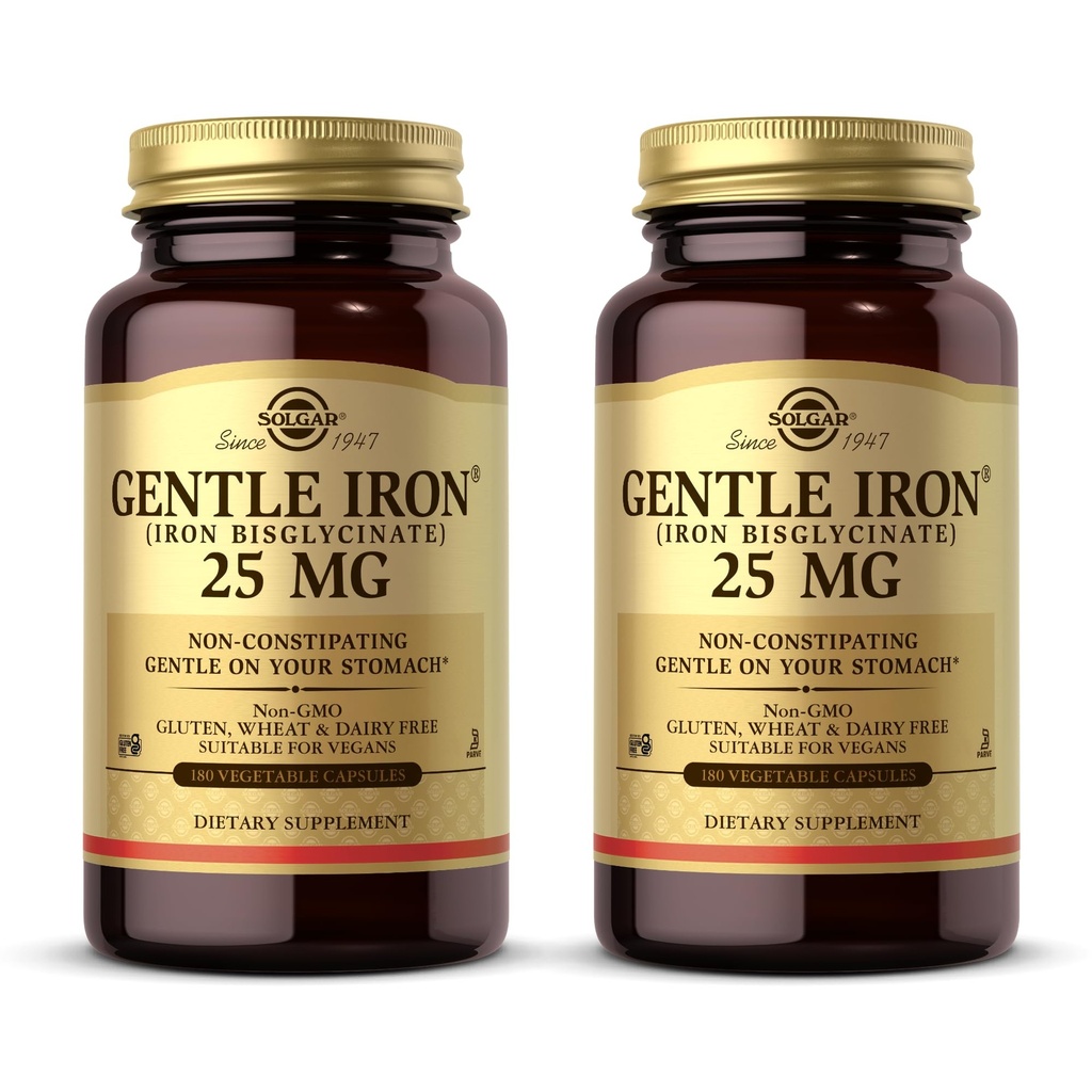 Solgar Gentle Iron (Iron Bisglycinate) 25 mg - 180 Vegetable Capsules, Paket 2 - None-Constipating, Lembut pada stomach Anda - Non-GMO, Gluten Free - 360 Total Servings