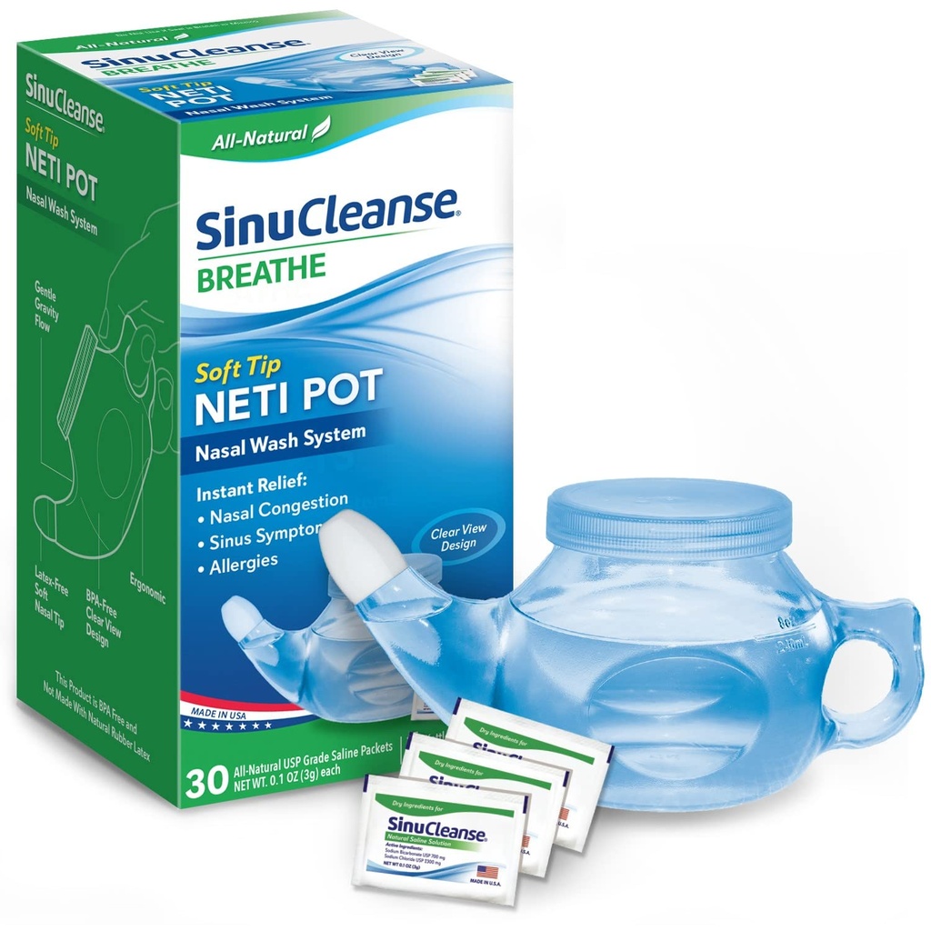 SinuCleanse Soft Tip Neti Pot Nasal Wash System, Relieves Nasal Contraffic Because to Cold & Flu, Dry Air, Allergies, 30 All- Natural Saline Packets, Made in USA