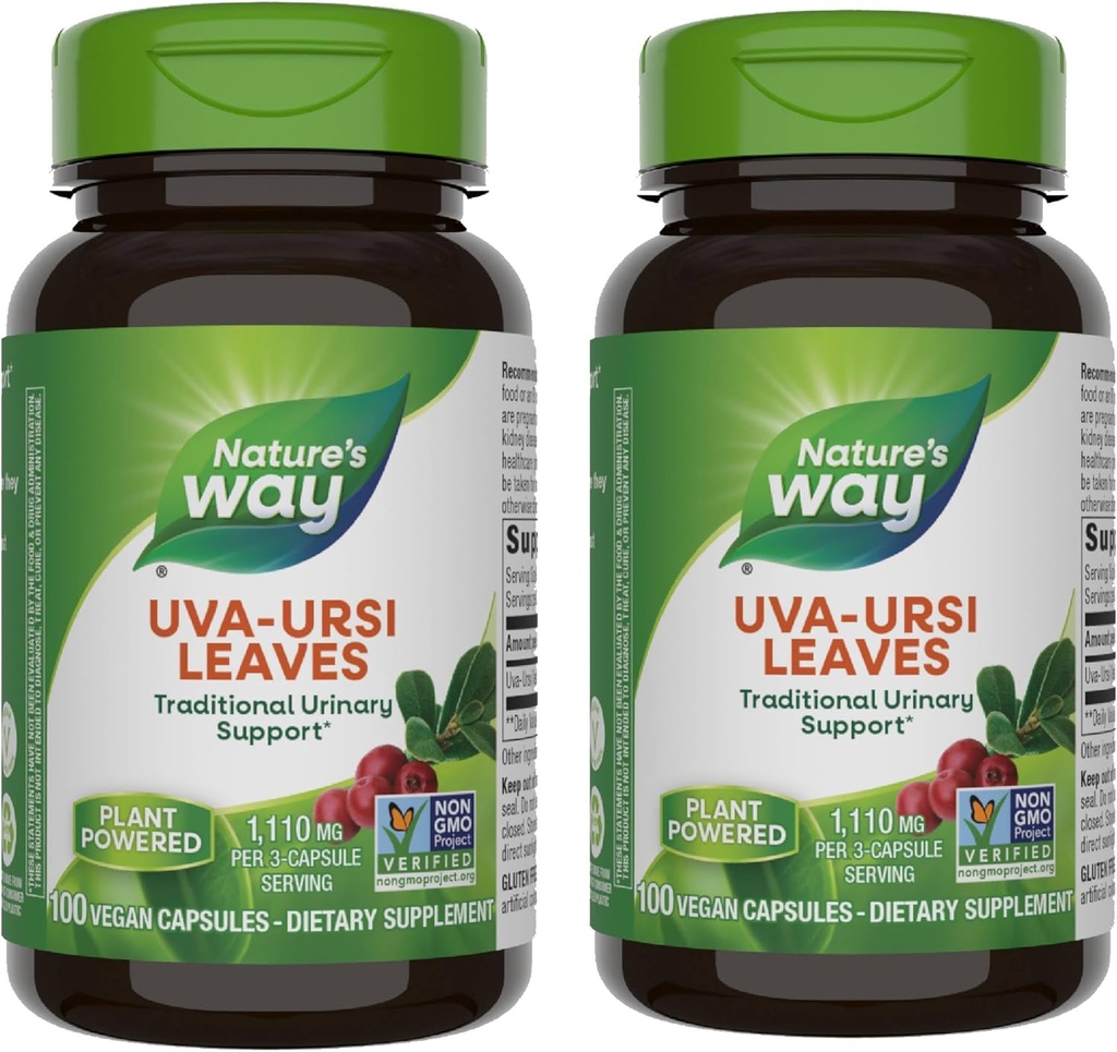 Nature 's Way Uva Ursi Leaves, Tradisional Urinary Support *, 1.110 mg per 3- Capsule Serving, Non-GMO Project Verified, Herbal Diet Supplemen, 100 Vegan Capsules (Packaging May Vary) - 2 Pack