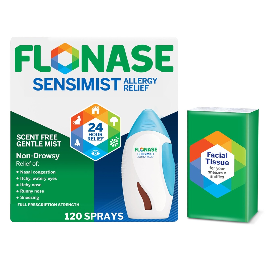 Flonase Sensimest Relief Nasal Spray - Non- Drowsy 24HR Long Lasting Allergy Relief dengan Fine, Scent- Free Mist - 120 Spray Plus Bonus Pack of Tonsses