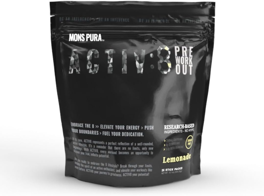 Aktiv8 Pre- Workout Lemonade Pouch: Energize Kerja dengan Penelitian-Berdasarkan Ingrediens - Caffein 250mg, Sugar- Bebas 25 Stick Pack