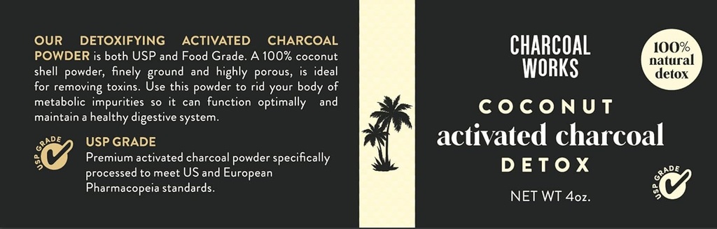 Koconut Aktifasi Powder Arang oleh CHARCOAL Works 124; USP Food Grade Arang Drink 14; Detox 124; High Adsorptive Capacity 124; Fast Acting 124; Half Pint 4oz