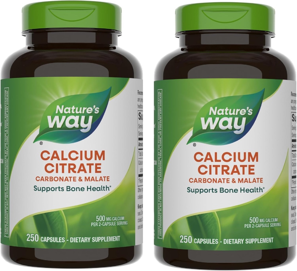 Citrasi Nature 's Calcium, 500 mg Calcium per 2- Capsule Serving, untuk Fungsi Bone & Muscle *, Blend of Citrate, Carbonate & Malate, Gluten Free, 250 Capsules (Packaging May Vary) - 2 Pack