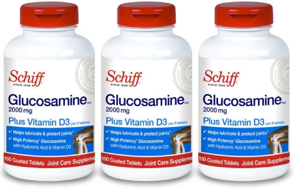 Schiff Glucosamin 2000mg dengan Vitamin D3 dan Acid Hyaluronic, 150 Tablet - Tambahan Bersama (Paket 3)