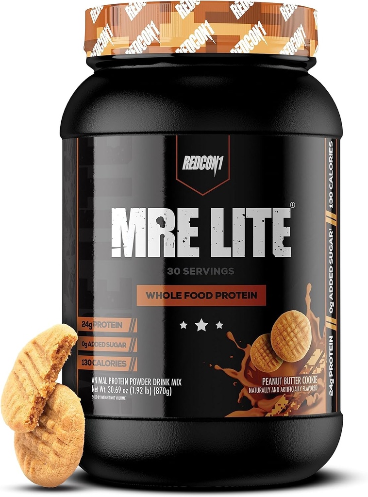 REDCON1 MRE Lite Whole Food Protein Powder, Peanut Butter Cookie - Low Carb & Whey Free Meal Replacement with Animal Protein Blends - Easy to Digest Suppplemen Dibuat dengan MCT Oils (30 Servis)