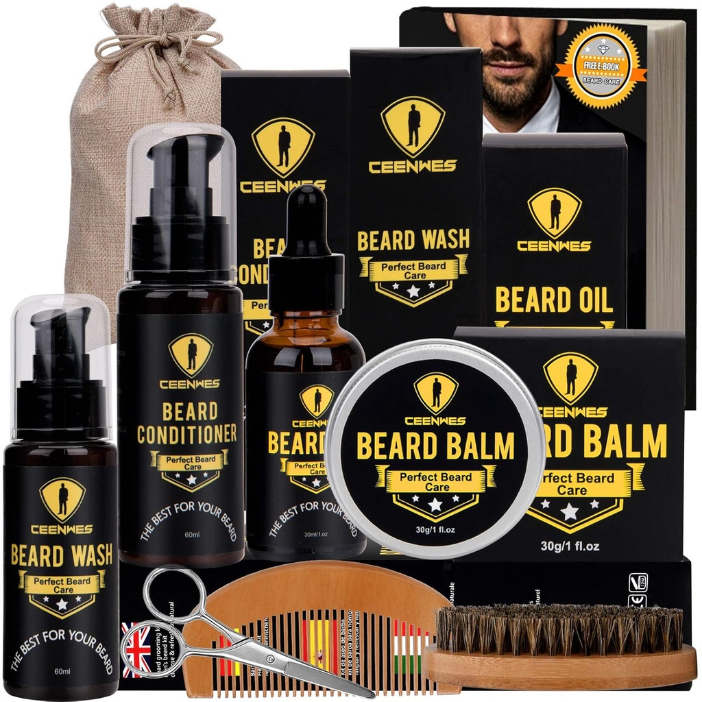 Ceenwes Upgraded Beard Grooming Kit - conditioner, Oil, Brush, Comb, Balm, Gunting, Penyimpanan untuk Beard dan Kumis Pemotong, Perfect Men 's Gift