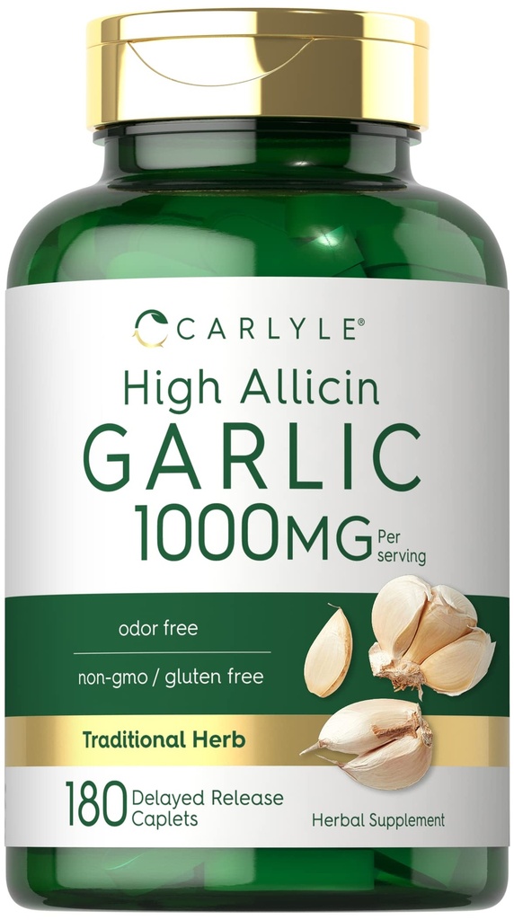 Tambahan Carlyle Bawang putih 1000mg 124; 180 Caplets 124; Odorless Pills 12.4; High AllicinExtract 124; Vegetarian, Non-GMO & Gluten Bebas