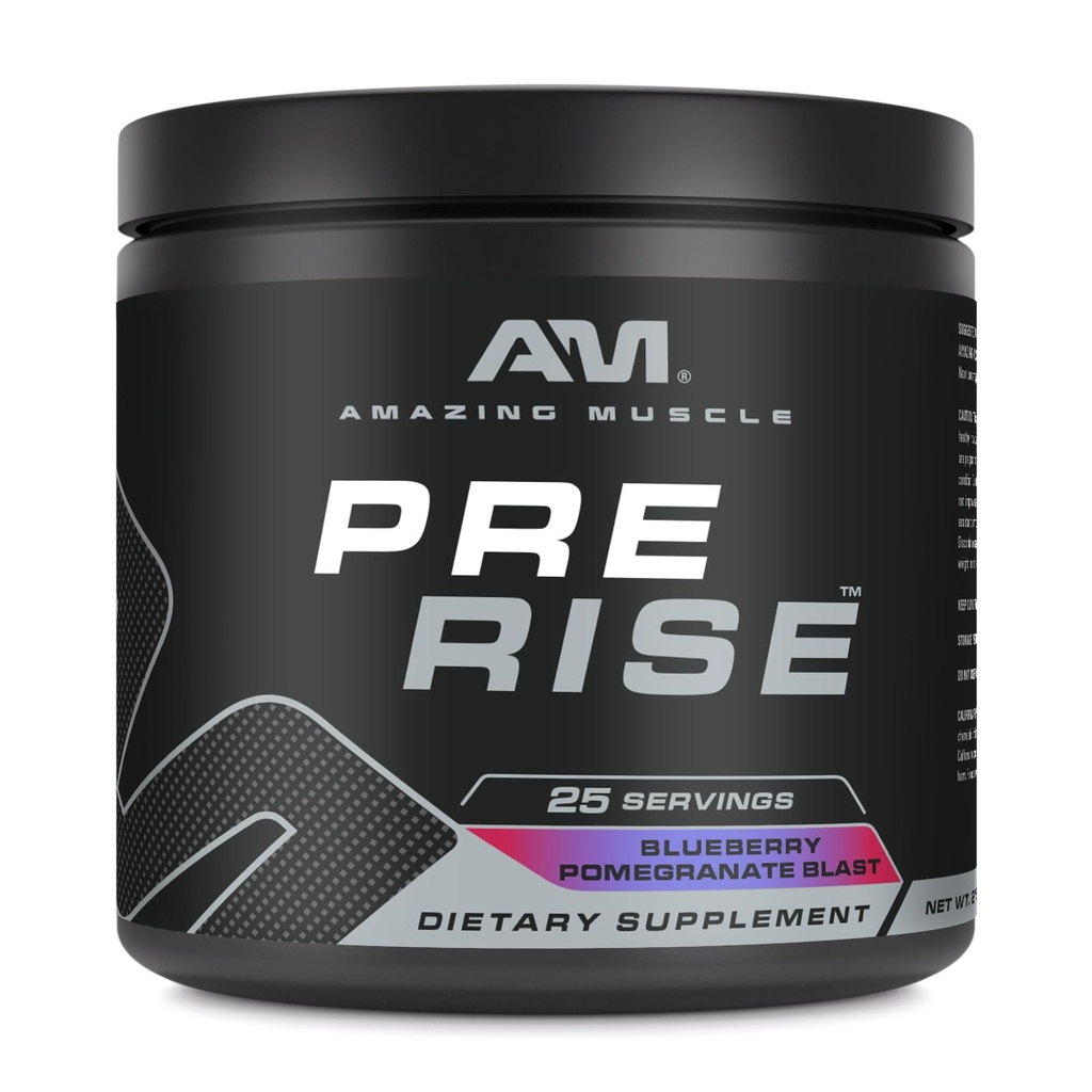 Amazing Muscle Pre Rise 124; Pre-Workout Powder Suplement with Caffeine & Beta- Alanine for Men & Women 124; 25 Servings (25 Pelayan, Blueberry Pomegranate Blast)