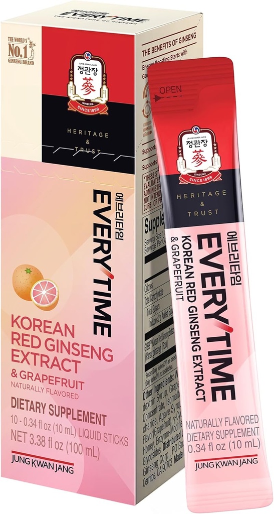 JUNG KWAN JANG Every time Korean Red Ginseng Extract 1.000mg & Grapefruit - Vegan Ginseng Root Energy Liquid Stick Suplemen - Builds Stamina & Imunity, No Caffeine (10 Sticks, 0.34 fl oz)