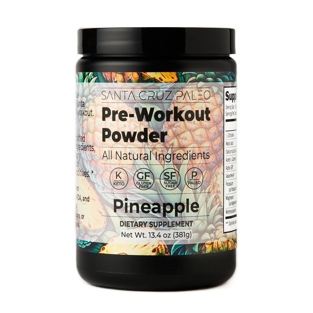 Santa Cruz Paleo Pre Workout Powtrolites, Magnesium, Potasium, Sea Salt & L Citruline, Caffeine & Sugar Free Pretraining Minum Mix for Energy & Hydration, Pineapple Flavor, 30 Servings