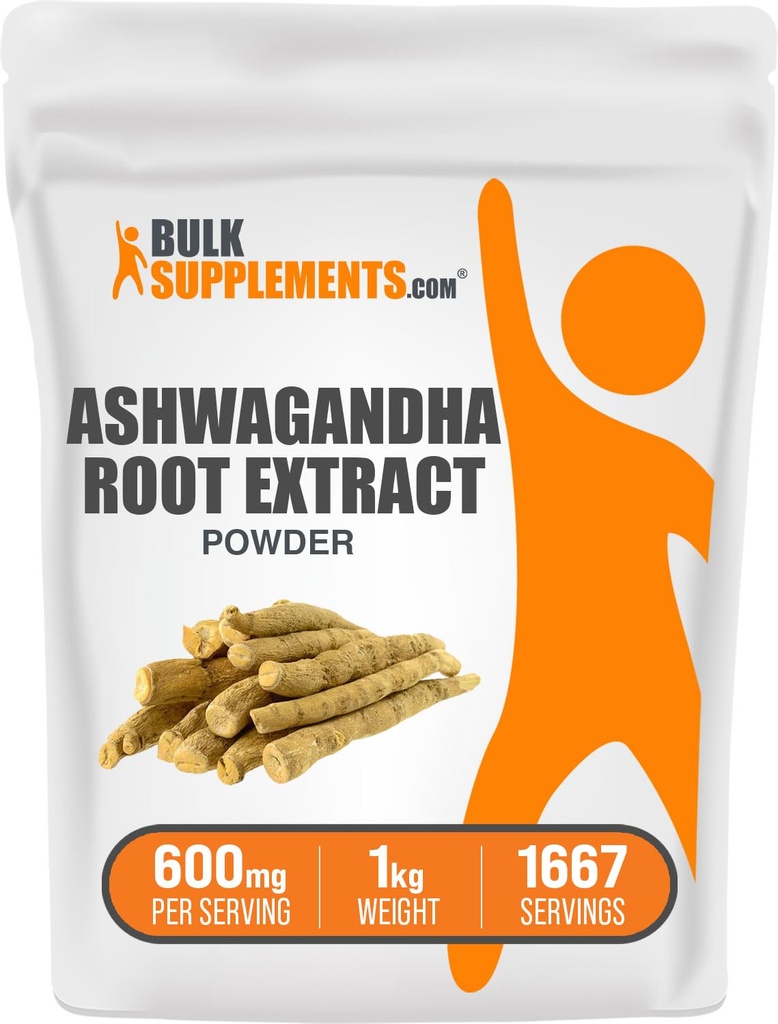 Suplemen BulkSuplemen .com Ashwagandha Root Extract Powder - Ashwagandha Suplemen, Herbal Suplemen - Vegan & Gluten Bebas, 600mg per Serving, 1kg (2.2 lbs) (Paket 1)
