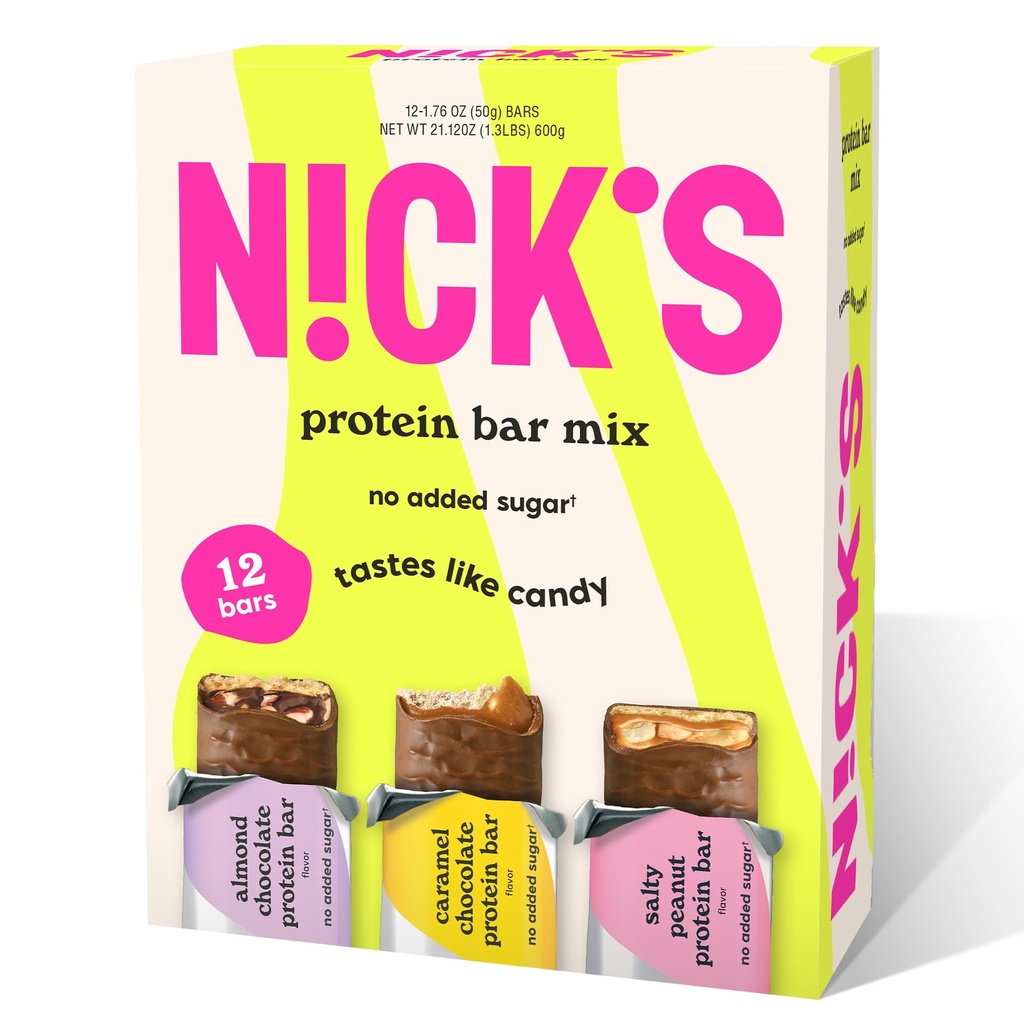 The Nick 's Protein Bars Chocolate Chack High Protein, Low Calories, Low Carb Keto Friendly Snacks No Added Sugar, Salty Peanut, Chocolate Caramel dan Almond Chocolate (12 Pack)