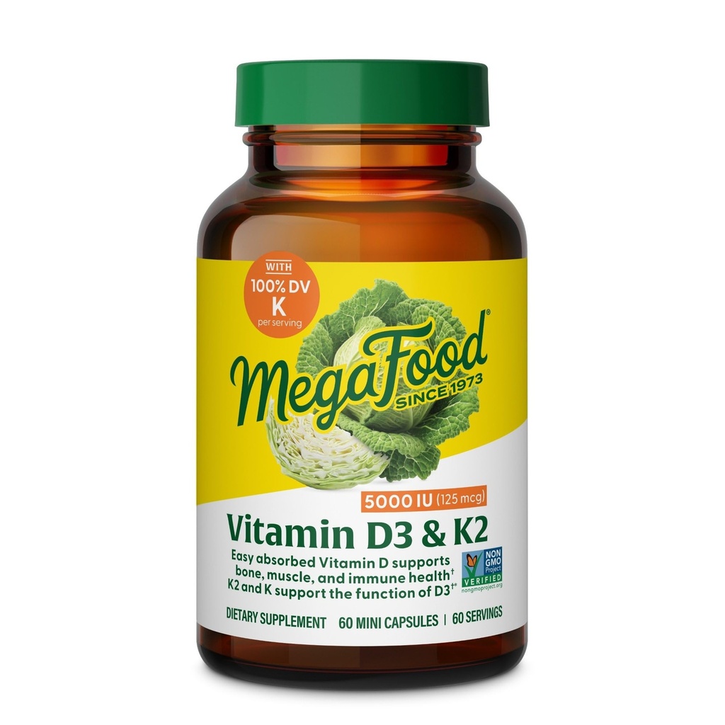 MegaFood Vitamin D3 5000 IU (125 mcg) - Suplemen Vegetarian dengan Vitamin D3 K2 - Support Bones, Teeth, Muscles & Imune Kesehatan - Certifikasi Non-GMO - 60 Mini Capsules, 60 Mentri