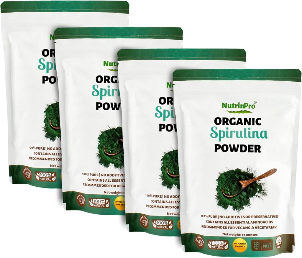 Empat Pack Spirulina Powder untuk Juice dan Smootthy Mix; 100% Natural, USDA Organic and Gluten Free, dengan High Protein, Vitamin, Antiokidants dan Mineces (12 Ounces) (4)