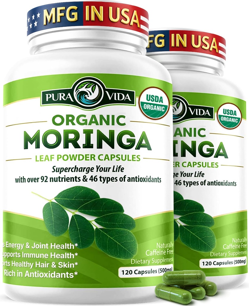 PURA VIDA MORINGA Capsules Single Origin Organic Moringa Powder.