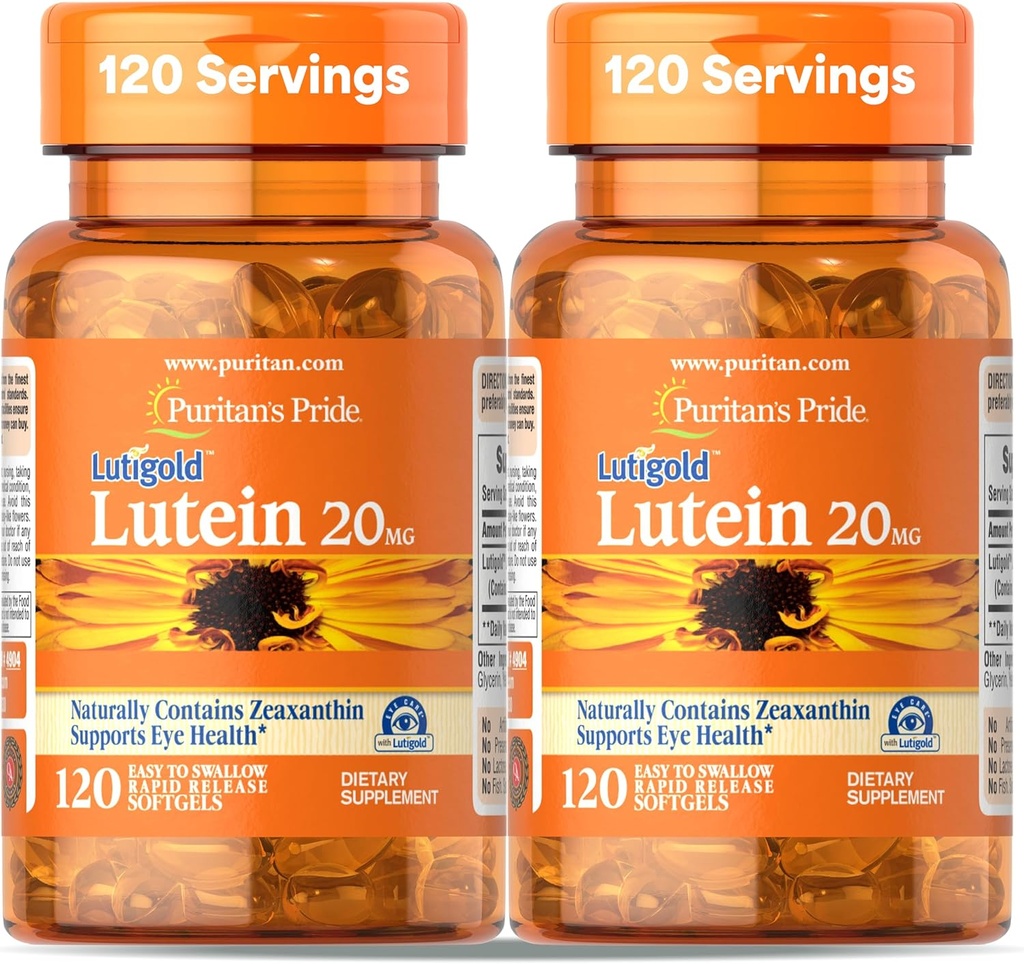 Puritan 's Pride Premium Mintigold Lutein Carotenoid 20mg with lexanthin for Men and Women, Dietary Support for Eye Health, 8 Month Supply, 120 Ezin-To- Swallow Softgels, 2 Pack