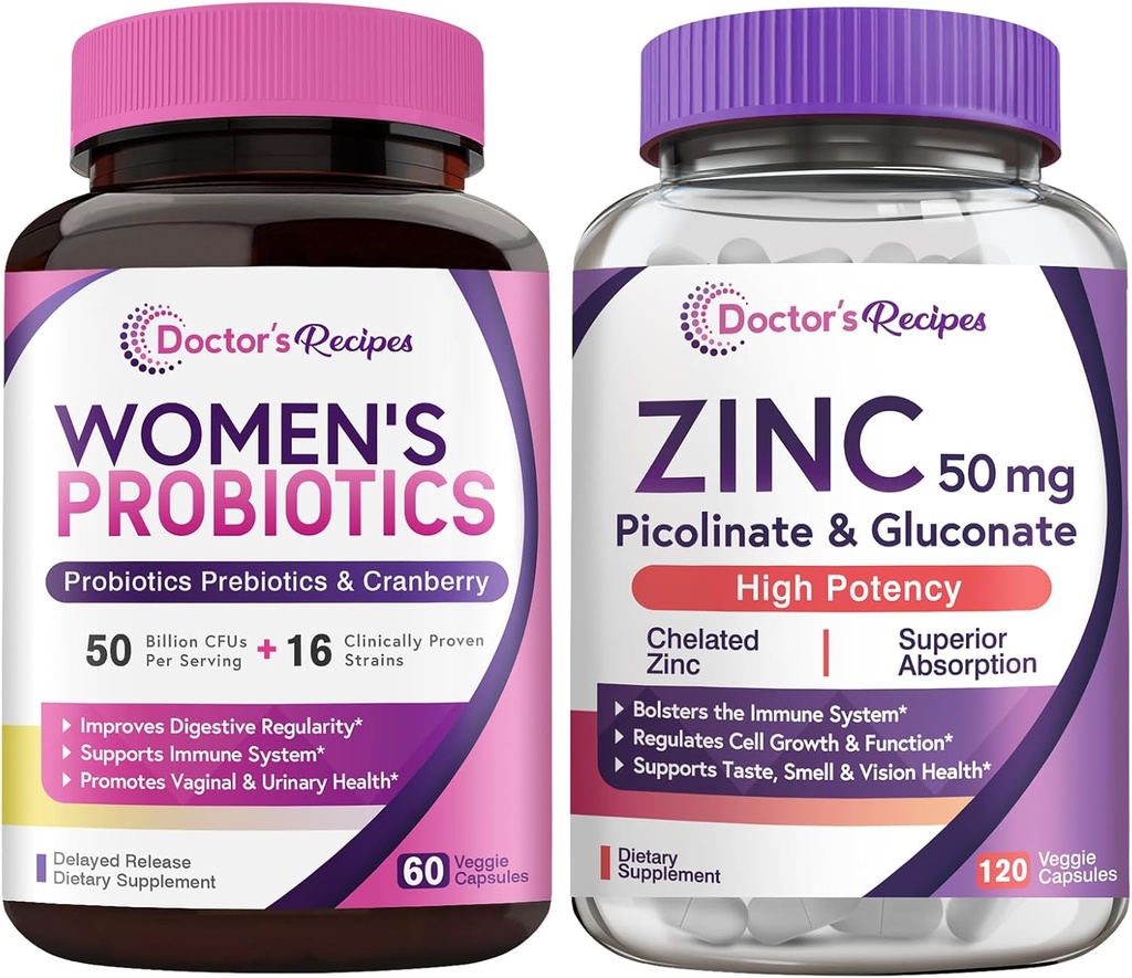 Dokter 's Recipes Women' s Probiotic & Zinc Bundle, Digeptical, Vaginal & Urinary Health, Natural Ammune Defense, Dedable Rilis Probiotic Capsules 60ct & Zinc Capsules 120 ct