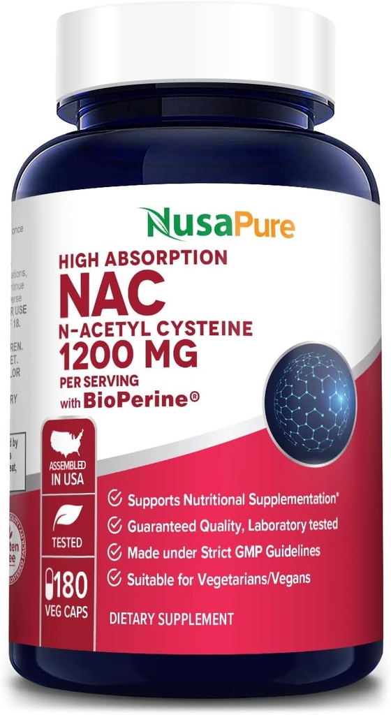 NusaPure N- Acetyl Cysteine (NAC) 1200mg 180 Veggie Caps (Vegetarian, Non- GMO, Gluten Free) Bioperine