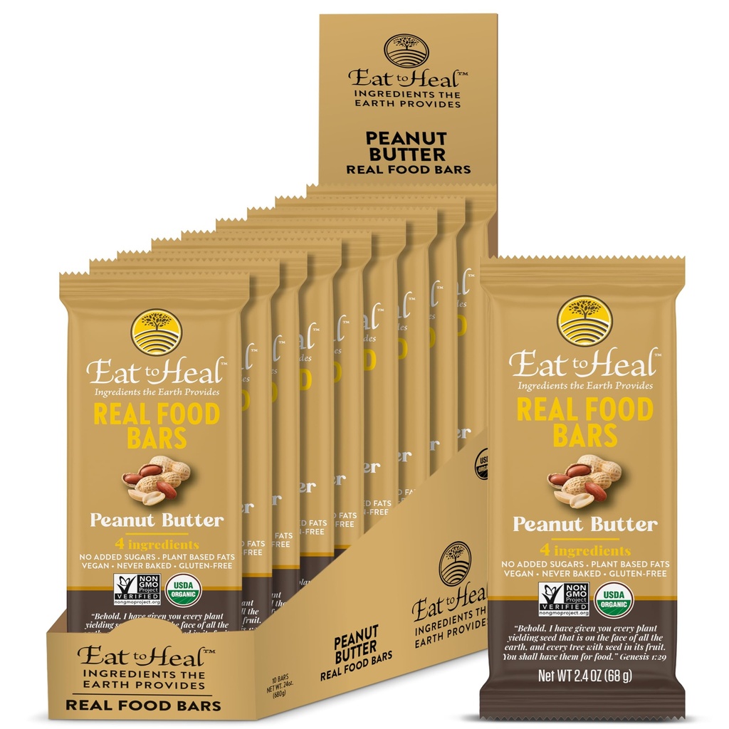 EatToHeal Peanut Butter Real Food Bar - Organic Vegan High Protein Bars - Penggantian Gula Rendah, Non GMO, Never Baked, Plant Based, Gluten Free - Crafted to Enjoy, Not Sit on Shelves