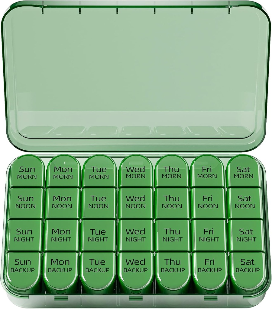Odaro Weekly Pill Organizer 4 Kali sehari, Kotak Pil Harian 7 Hari, Kasus Besar Pill Travel dengan 28 Kompartemen untuk Memegang Obat-obatan, Vitamin dan Suplemen - Olive Penuh