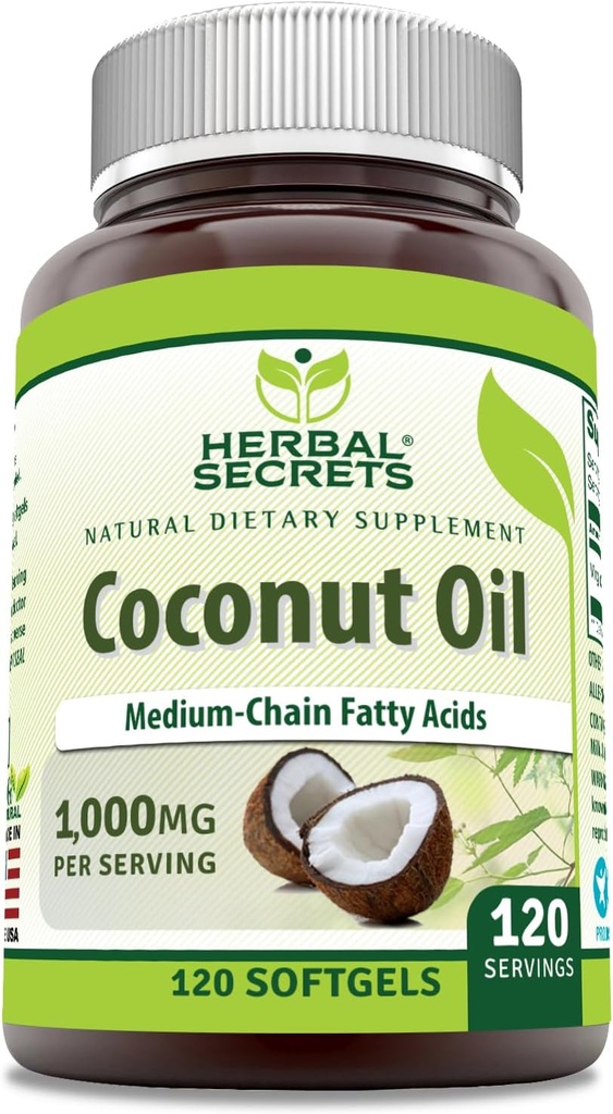 Herbal Secrets Coconut Oil 1000 Mg 120 Softgels Suplement: 124; Non- GMO 124; Gluten Free Alag1124; Made in USA